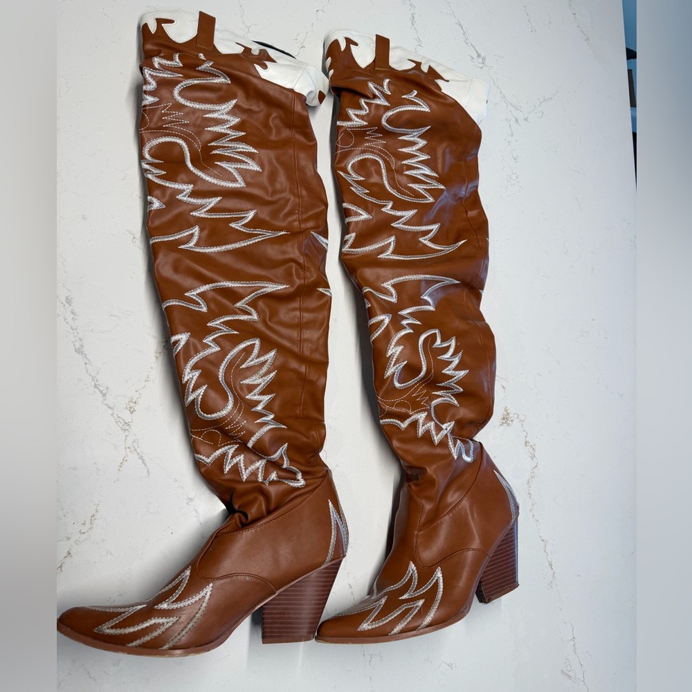 Brown and White Embroidered Women's Boots